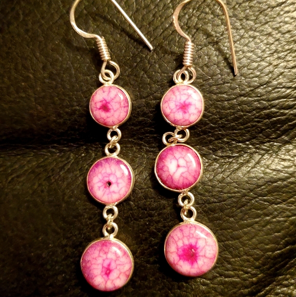 New 3 Pink Solar Quartz Agate Drop Silver Earrings. - Picture 9 of 11